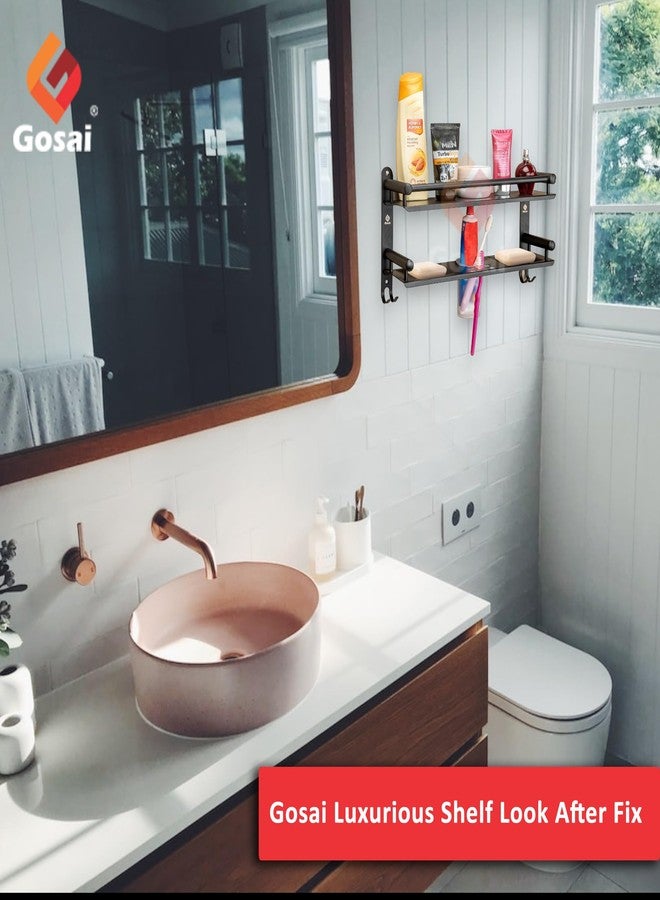 GOSAI مجموعة إكسسوارات حمام من الفولاذ المقاوم للصدأ من جوساي، رف حمام أسود من طبقتين مع علبة صابون وحامل فرشاة أسنان وخطاف | رف حمام | حامل أكواب | علبة صابون | منظم حمام (16×5×9 بوصة) - Image 4
